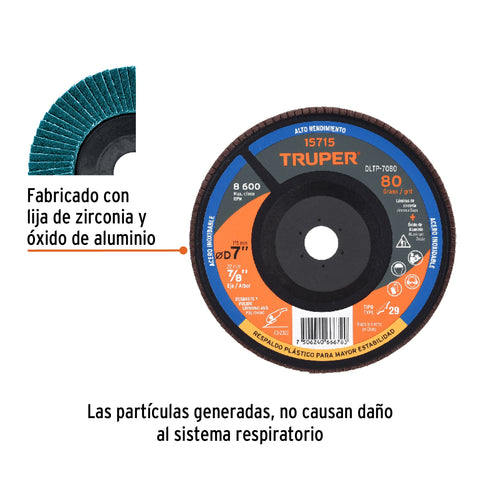Disco laminado 7' grano 80 centro 7/8', plástico, TRUPER | DLTP-7080 | 15715