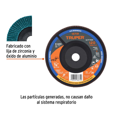 Disco laminado 7' grano 120 centro 7/8', plástico, TRUPER | DLTP-70120 | 15719