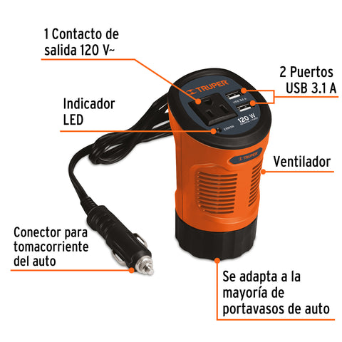 Inversor de corriente 120 W tipo vaso, 2 puertos USB, Truper | INCO-12 | 15725