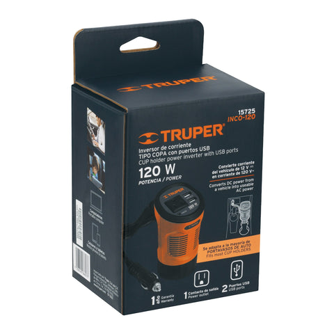 Inversor de corriente 120 W tipo vaso, 2 puertos USB, Truper | INCO-12 | 15725