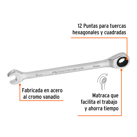Llave combinada con matraca 8 mm x 136 mm largo, Expert | LL-2008MX | 15742