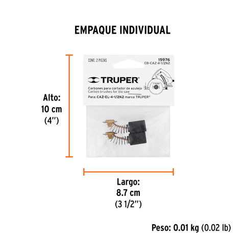 Bolsa con 2 carbones de repuesto para CAZ-EL-4-1/2N, TRUPER | CB-CAZ-4-1/2N2 | 15976