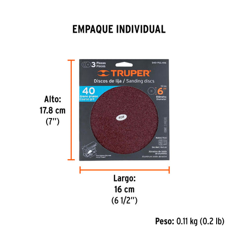 Paquete c/3 discos de lija 6' grano 40, para PUL-4X6T | D40-PUL-4X6 | 16162