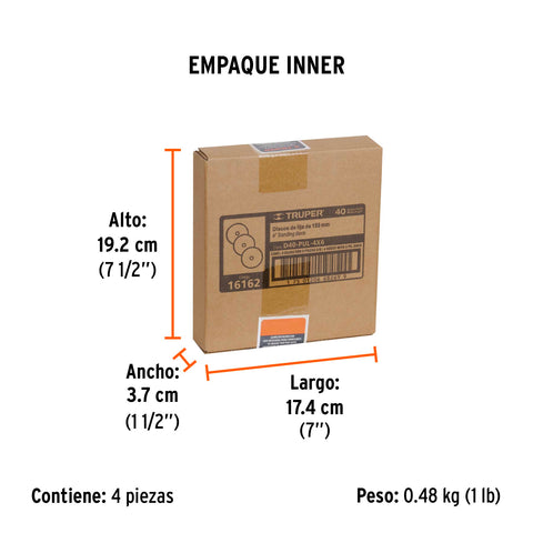 Paquete c/3 discos de lija 6' grano 40, para PUL-4X6T | D40-PUL-4X6 | 16162