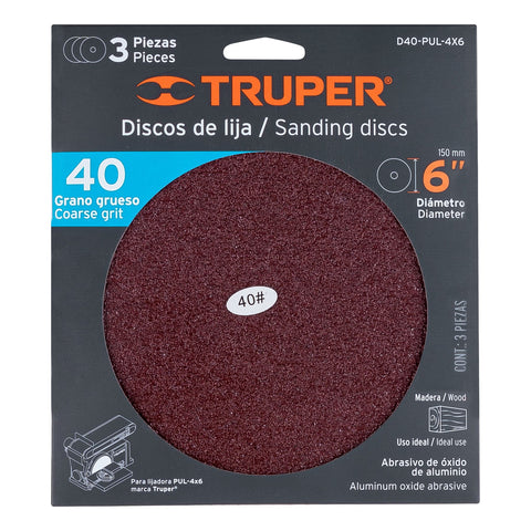 Paquete c/3 discos de lija 6' grano 40, para PUL-4X6T | D40-PUL-4X6 | 16162
