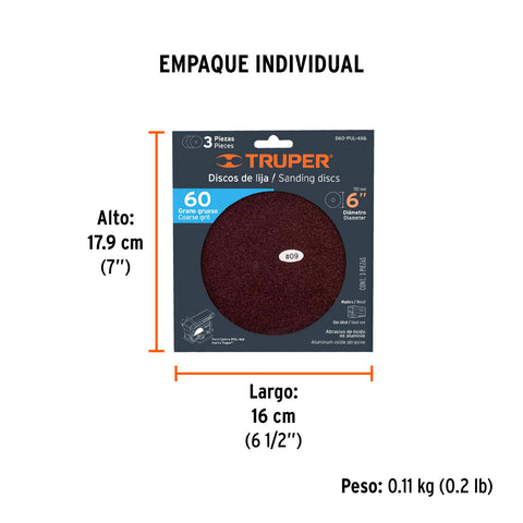 Paquete c/3 discos de lija 6' grano 60, para PUL-4X6T | D60-PUL-4X6 | 16163