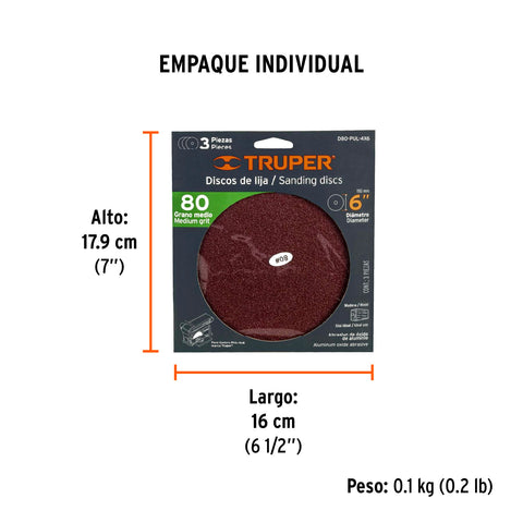 Paquete c/3 discos de lija 6' grano 80 para, PUL-4X6T | D80-PUL-4X6 | 16164
