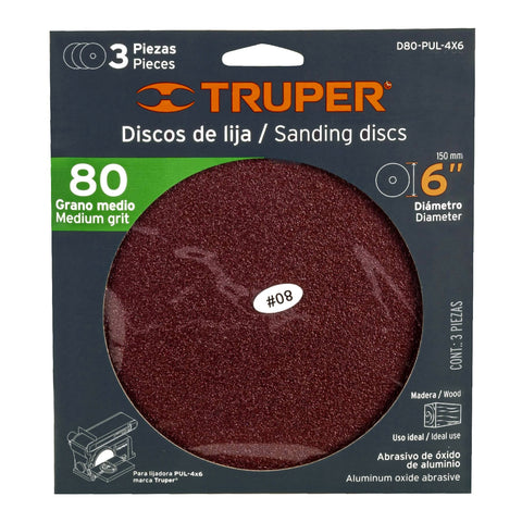 Paquete c/3 discos de lija 6' grano 80 para, PUL-4X6T | D80-PUL-4X6 | 16164