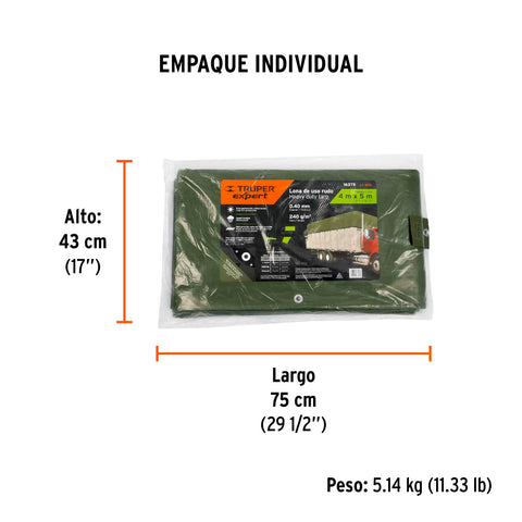 Lona uso rudo 4 x 5 m, verde olivo, 240 g/m2, TRUPER EXPERT | LT-45X | 16375