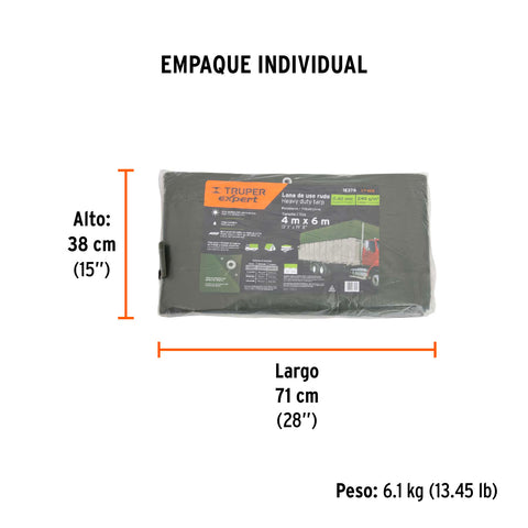 Lona uso rudo 4 x 6 m, verde olivo, 240 g/m2, TRUPER EXPERT | LT-46X | 16376