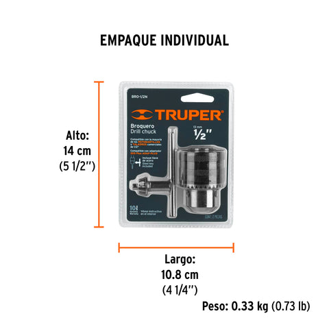 Broquero 1/2' con llave, cuerpo moleteado, TRUPER | BRO-1/2N | 16478