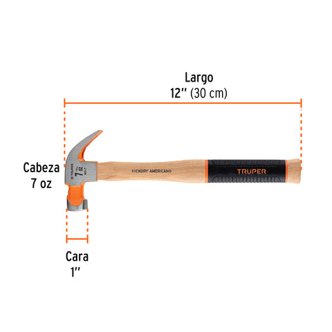 Martillo pulido 7 oz uña curva, mango hickory, Truper Grip | MO-7 | 16650