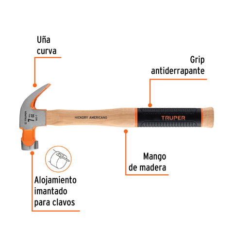 Martillo pulido 7 oz uña curva, mango hickory, Truper Grip | MO-7 | 16650