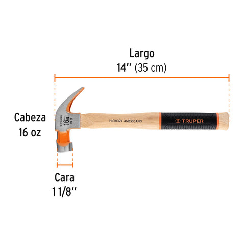 Martillo pulido 16 oz uña curva, mango hickory, Truper Grip | MO-16 | 16654