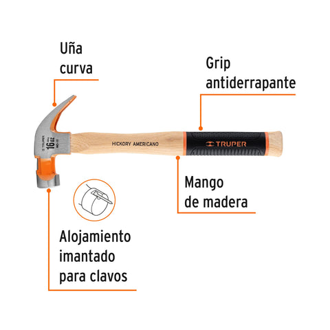 Martillo pulido 16 oz uña curva, mango hickory, Truper Grip | MO-16 | 16654