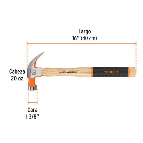 Martillo pulido 20 oz uña curva, mango hickory, Truper Grip | MO-20 | 16656
