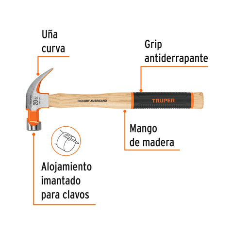 Martillo pulido 20 oz uña curva, mango hickory, Truper Grip | MO-20 | 16656