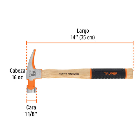 Martillo pulido 16 oz uña recta, mango hickory, Truper Grip | MOR-16 | 16658
