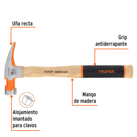 Martillo pulido 16 oz uña recta, mango hickory, Truper Grip | MOR-16 | 16658