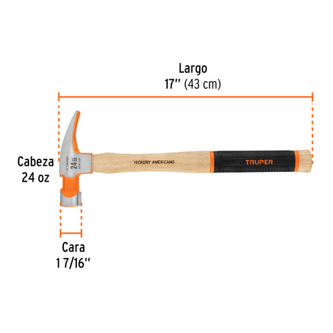 Martillo pulido 24 oz uña recta, boca fresada, Truper Grip | MOR-24F | 16662
