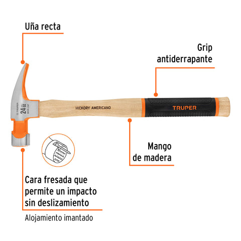 Martillo pulido 24 oz uña recta, boca fresada, Truper Grip | MOR-24F | 16662