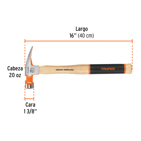 Martillo pulido 20 oz uña recta, boca fresada, Truper Grip | MOR-20F | 16663