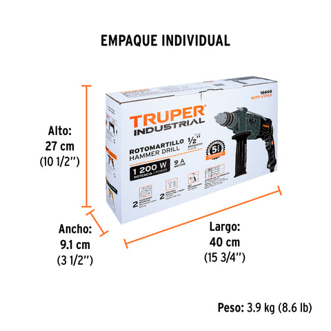 Rotomartillo 1/2', 1200W, TRUPER INDUSTRIAL | ROTO-1/2NX2 | 16666