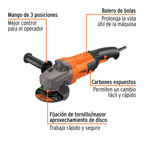 Esmeriladora angular 4-1/2', 1300W, TRUPER PRO | ESMA-4-1/2A10 | 16684