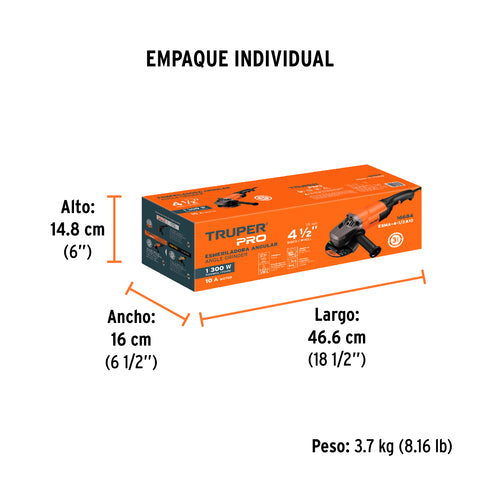 Esmeriladora angular 4-1/2', 1300W, TRUPER PRO | ESMA-4-1/2A10 | 16684