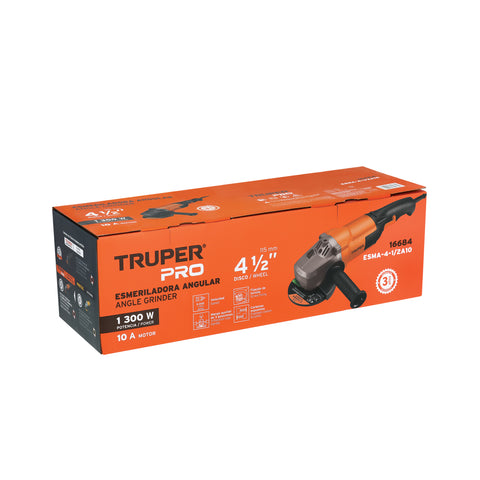 Esmeriladora angular 4-1/2', 1300W, TRUPER PRO | ESMA-4-1/2A10 | 16684