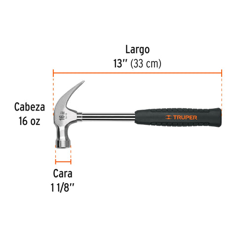 Martillo pulido 16 oz uña curva, mango tubular c/neopreno | SJ-16 | 16700