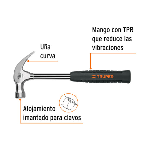 Martillo pulido 16 oz uña curva, mango tubular c/neopreno | SJ-16 | 16700