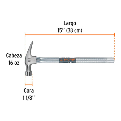 Martillo tubular pulido 16 oz uña recta, Truper | MTR-16 | 16702
