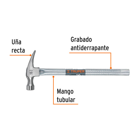 Martillo tubular pulido 16 oz uña recta, Truper | MTR-16 | 16702