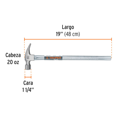 Martillo tubular pulido 20oz cara fresada, uña recta, Truper | MTR-20F | 16704