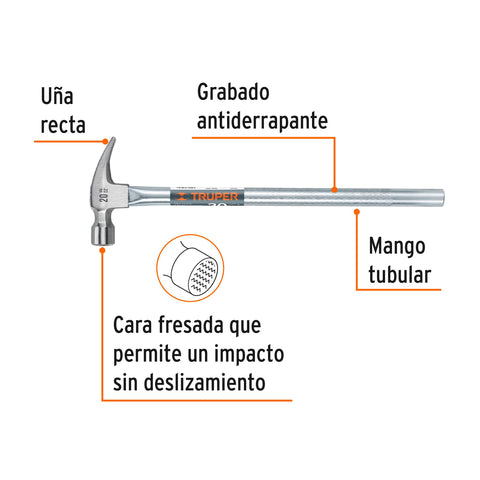 Martillo tubular pulido 20oz cara fresada, uña recta, Truper | MTR-20F | 16704