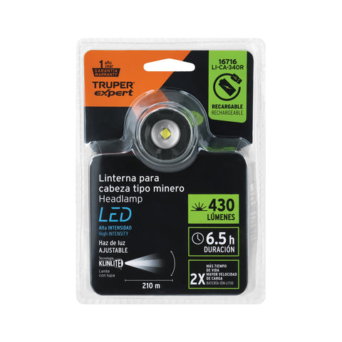Linterna de minero LED 430 lm, recargable, TRUPER EXPERT | LI-CA-340R | 16716