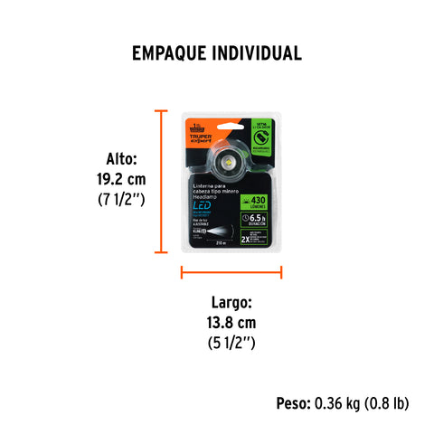 Linterna de minero LED 430 lm, recargable, TRUPER EXPERT | LI-CA-340R | 16716