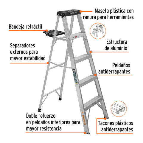 Escalera de tijera tipo III 4 escalones y bandeja, Truper | EST-34 | 16742