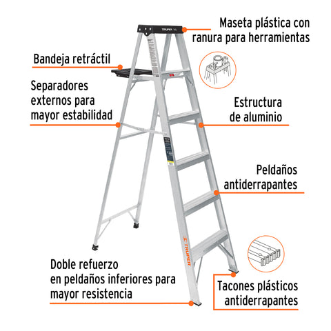 Escalera de tijera tipo III 5 escalones y bandeja, Truper | EST-35 | 16743