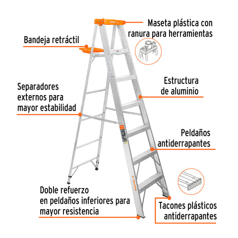 Escalera de tijera tipo II 6 peldaños y bandeja, Truper | EST-26 | 16744