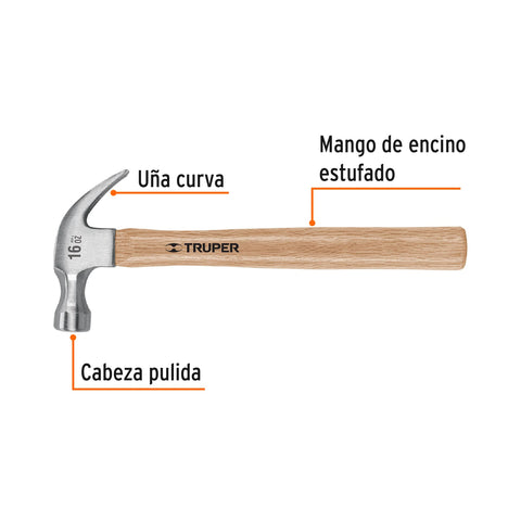Martillo pulido, 16 oz, uña curva, mango madera, TRUPER | MA-16 | 16752