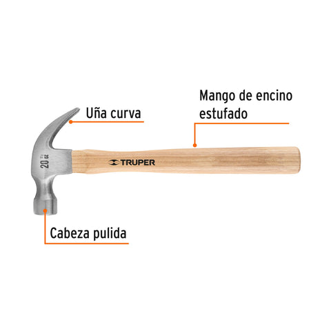 Martillo pulido, 20 oz, uña curva, mango madera, TRUPER | MA-20 | 16753