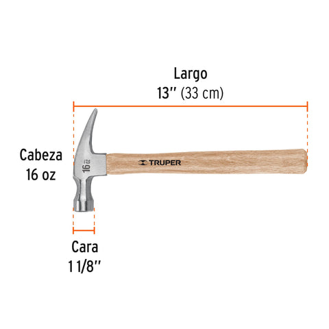 Martillo pulido, 16 oz, uña recta, mango madera, TRUPER | 42430 | 16754