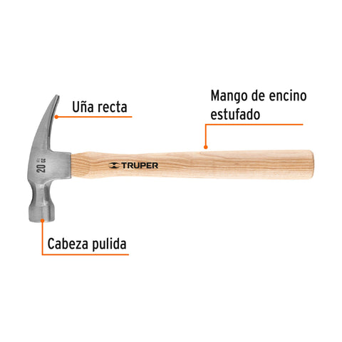 Martillo pulido, 20 oz, uña recta, mango madera, TRUPER | 43891 | 16755