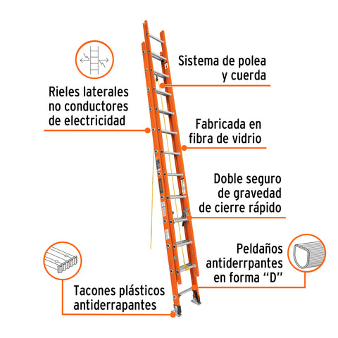 Escalera de extensión, tipo II, 24 peldaños, fibra de vidrio | ESE-224FV | 16757
