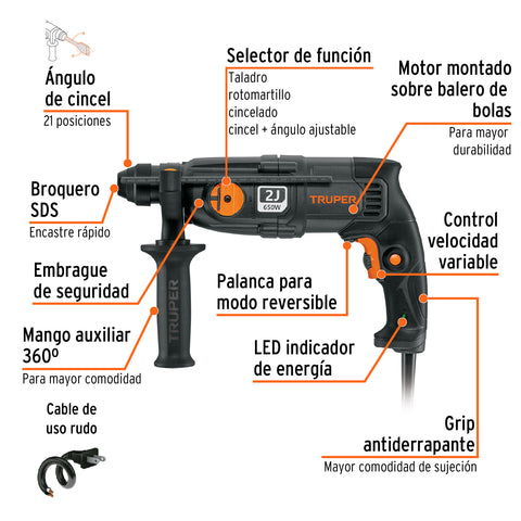 Rotomartillo SDS Plus 2 Joules, 650W, TRUPER INDUSTRIAL | ROEL-20N | 16762