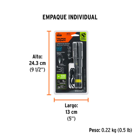 Linterna LED recargable, de aluminio, 500 lm, TRUPER EXPERT | LIXR-2AA | 16777