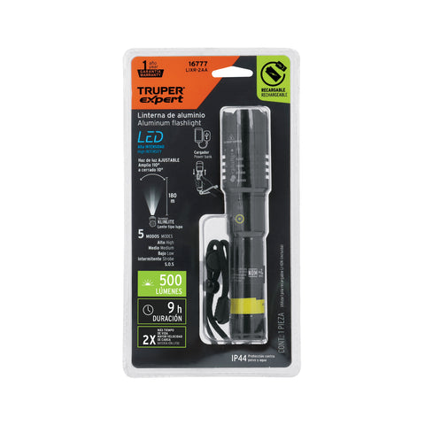 Linterna LED recargable, de aluminio, 500 lm, TRUPER EXPERT | LIXR-2AA | 16777