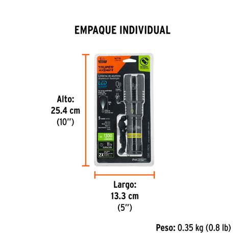 Linterna LED recargable, de aluminio,1,300 lm, TRUPER EXPERT | LIXR-2D | 16778